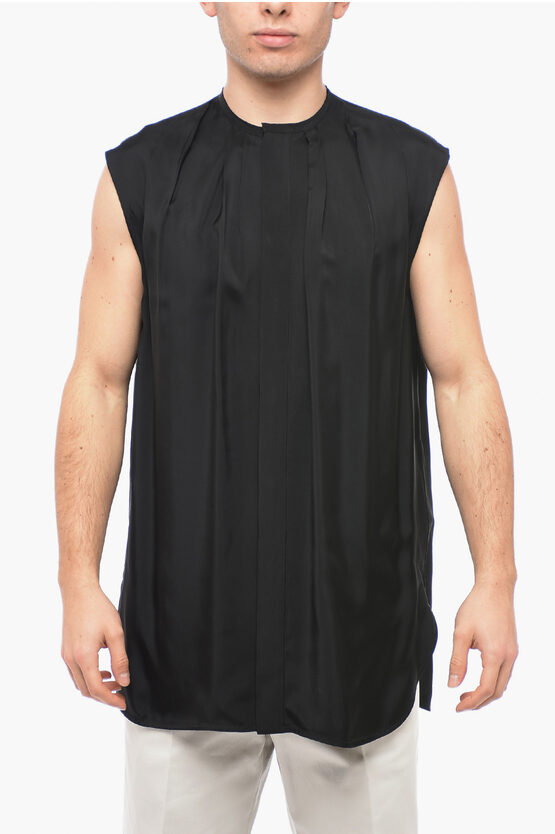 Jil Sander Sleeveless Satin Shirt With Pleated Neck In Black