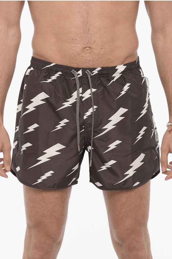Neil Barrett Signature Thunderbolt-print Swim Shorts In Grey