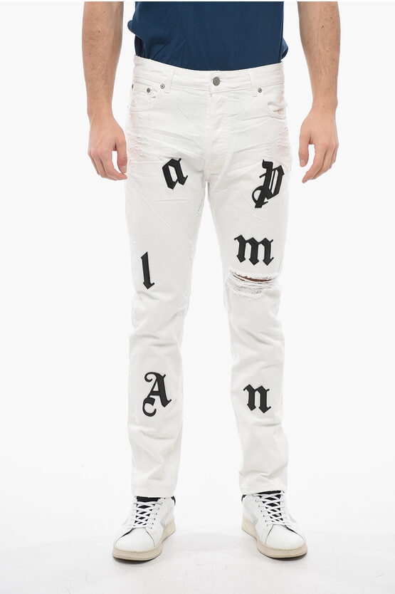 PALM ANGELS SLIM FIT BULL LOGO DENIMS WITH LEATHER PATCHES 16CM