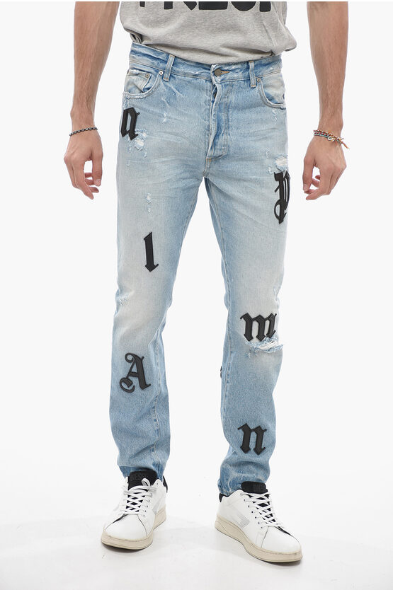Shop Palm Angels Slim Fit Bull Logo Denims With Leather Patches 16cm