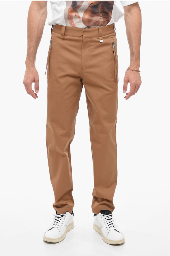 Fendi Slim Fit Cotton Pants With Zipped Pockets In Brown