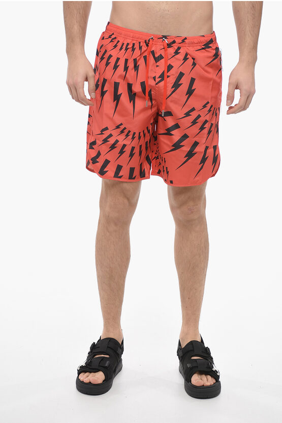 Neil Barrett Slim Fit Crazy Bolts Swimshorts In Red