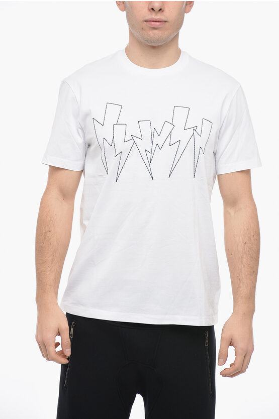 Neil Barrett Slim Fit Crew-neck T-shirt With Thunderbolts Embroidery In White