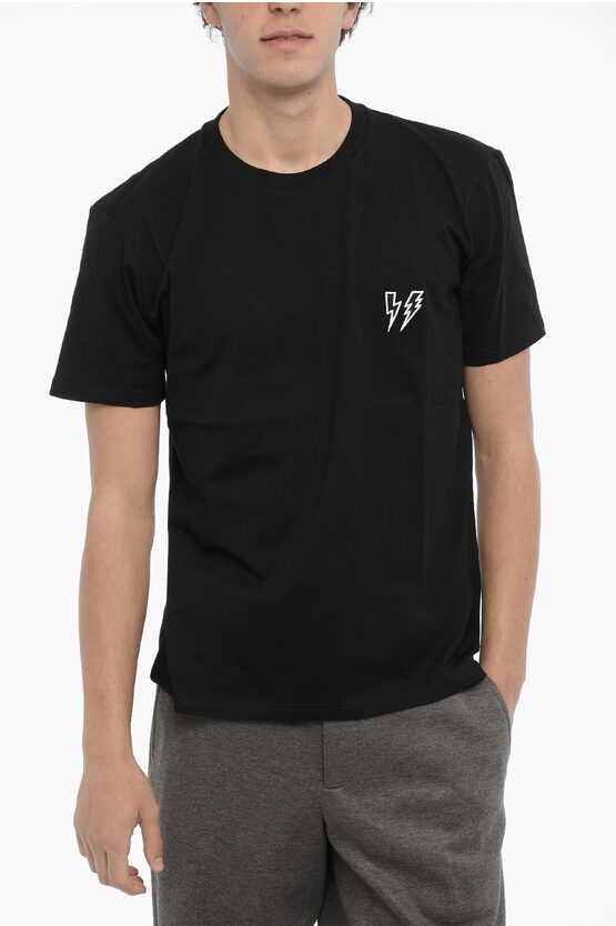 Shop Neil Barrett Slim Fit Crew-neck T-shirt With Thunderbolts Embroidery