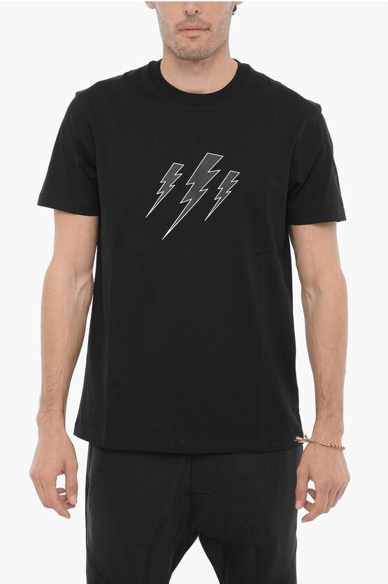 Shop Neil Barrett Slim Fit Crew-neck T-shirt With Thunderbolts Print