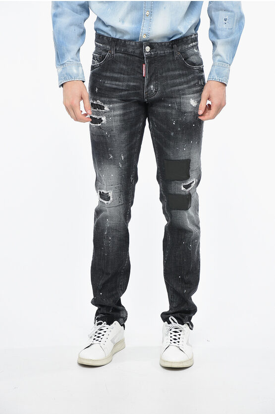 Dsquared2 Slim Fit Distressed Denims With Leather Patches 17cm In Black