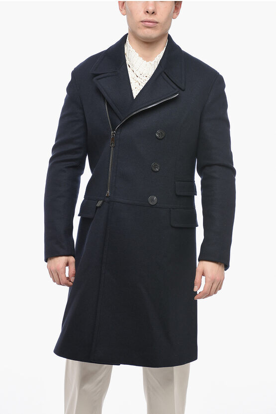 Neil Barrett Slim Fit Double Breasted Coat With Zip Closure In Blue