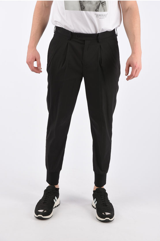 Neil Barrett Slim Fit Double Pleat Trousers With Elastic Ankle Band In Black