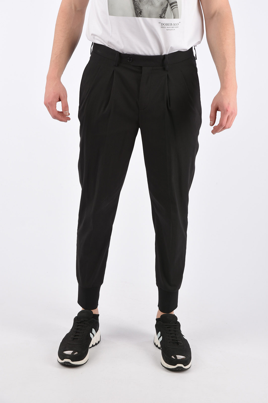 Neil Barrett slim fit double pleat trousers with elastic ankle band men ...