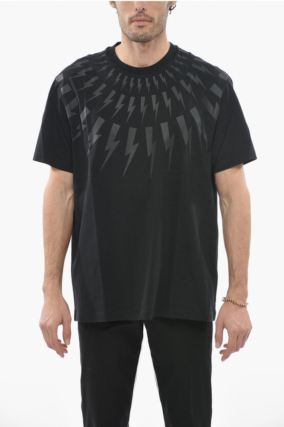 Neil Barrett Slim Fit Fairisle Thunderbolt Crew-neck T-shirt With Ton-on- In Black