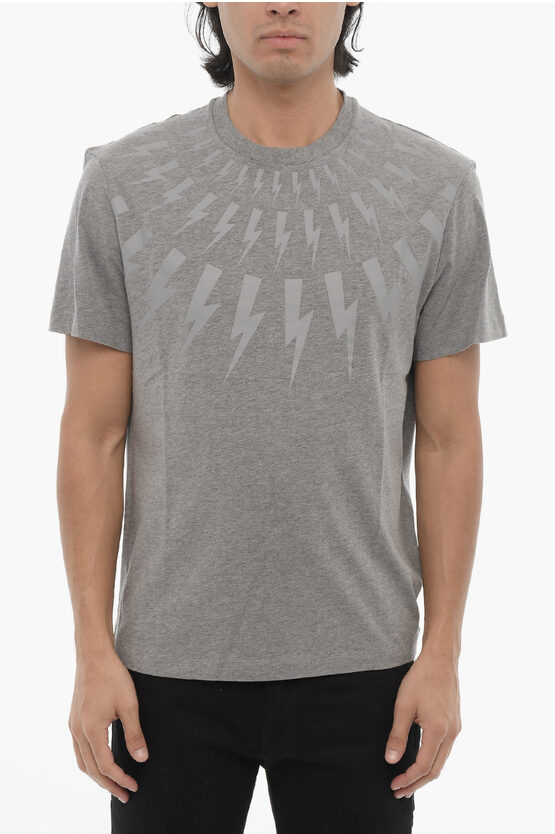 Neil Barrett Slim Fit Fairisle Thunderbolt T-shirt In Gray