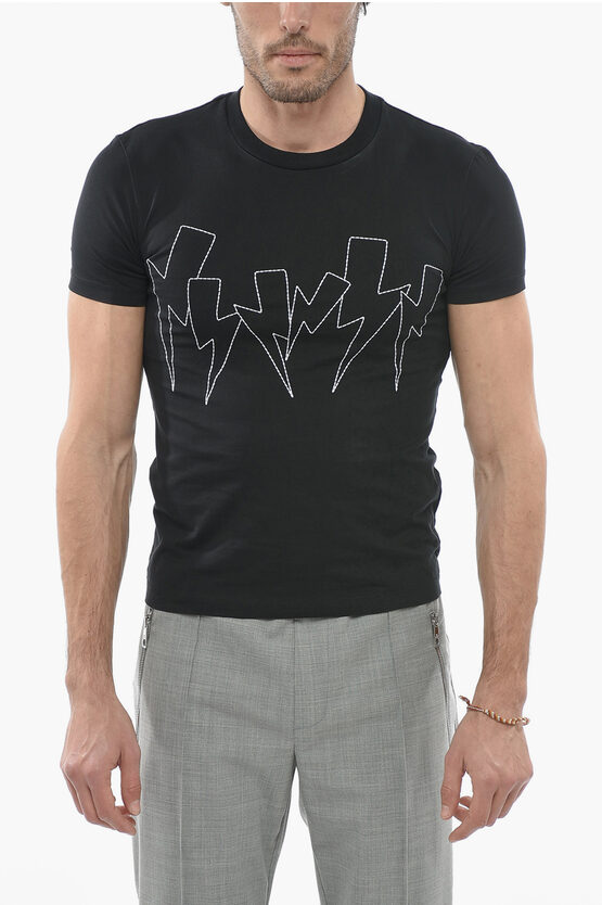 Neil Barrett Slim Fit Jumblend Bolt Crew-neck T-shirt With Embroidery In Black