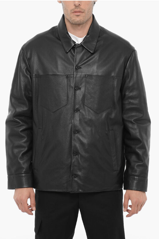 Neil Barrett Slim Fit Leather And Fabric Overshirt With Double Breast Poc In Black