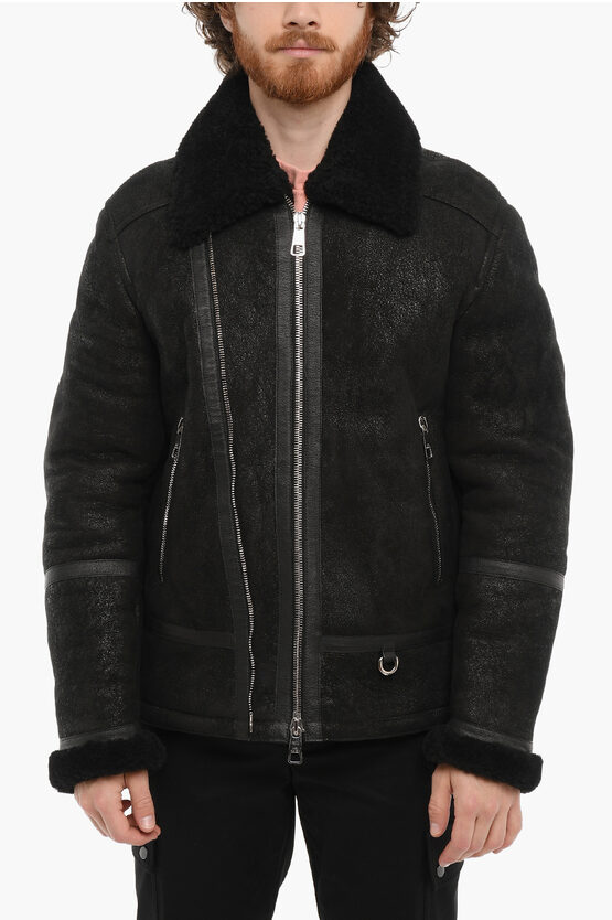 Neil Barrett Slim Fit Shearling Jacket With Zip On The Sleeve In Black