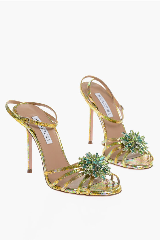 Aquazzura Snake Effect Metallic Leather Stardust Sandals With Jewels D In Gold