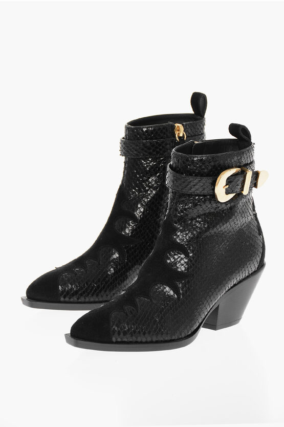 Shop Giuseppe Zanotti Snakeskin Guns Booties With Buckle Detail Heel 6 Cm