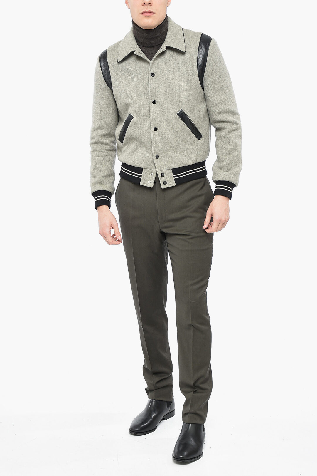 Celine Snap Button Wool Bomber Jacket with Leather Details men