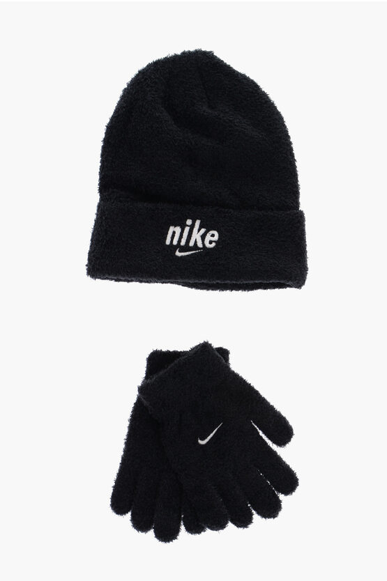Nike Soft Furry Fabric Beanie And Gloves Set