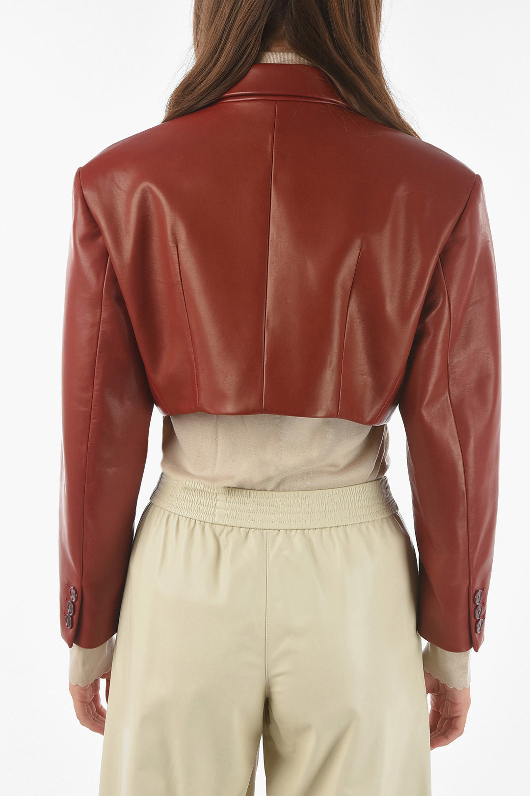 DROMe Soft Leather Double-breasted Cropped Blazer with Padded