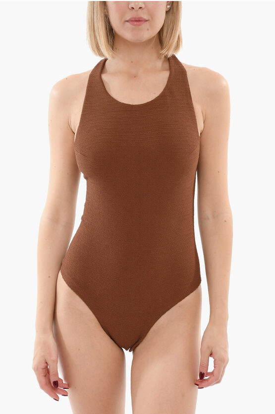 Samsoe & Samsoe Solid Colour Anneli One-piece Swimsuit With Criss-cross Strap In Brown