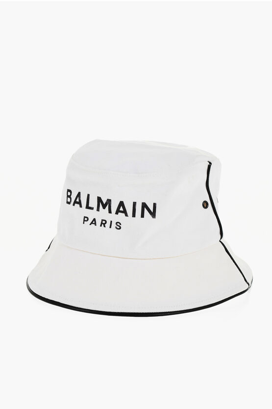 Balmain Solid Color B-army Bucket Hat With Printed Logo In White