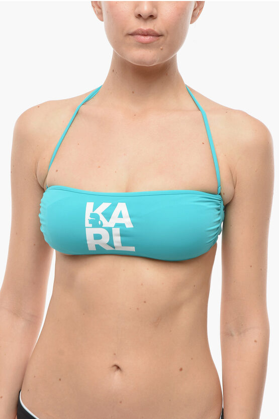 Karl Lagerfeld Solid Color Bandeau Bikini Top With Printed Contrasting Logo In Blue