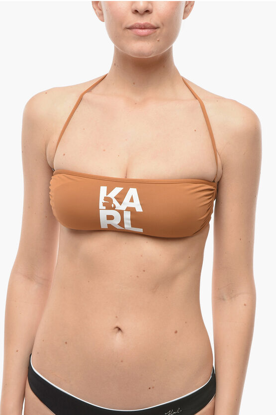 Karl Lagerfeld Solid Color Bandeau Bikini Top With Printed Contrasting Logo In Brown