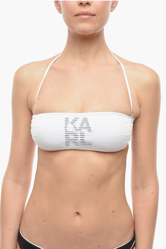 Karl Lagerfeld Solid Color Bandeau Bikini Top With Printed Contrasting Logo In Black