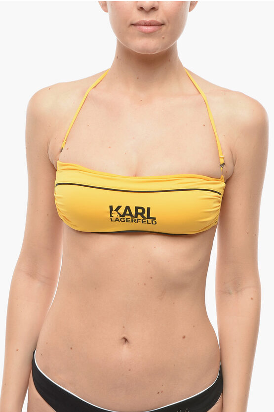 Karl Lagerfeld Solid Color Bandeau Bikini Top With Printed Contrasting Logo In Yellow