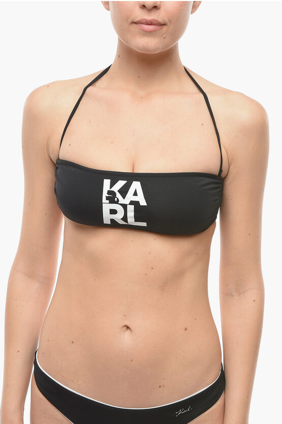 Karl Lagerfeld Solid Color Bandeau Bikini Top With Printed Contrasting Logo In Black