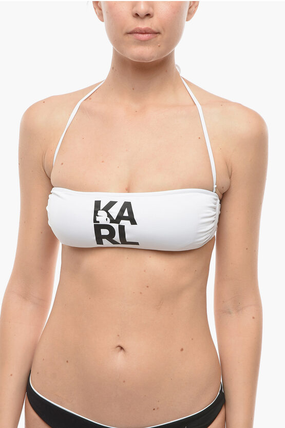 Karl Lagerfeld Solid Color Bandeau Bikini Top With Printed Contrasting Logo In White