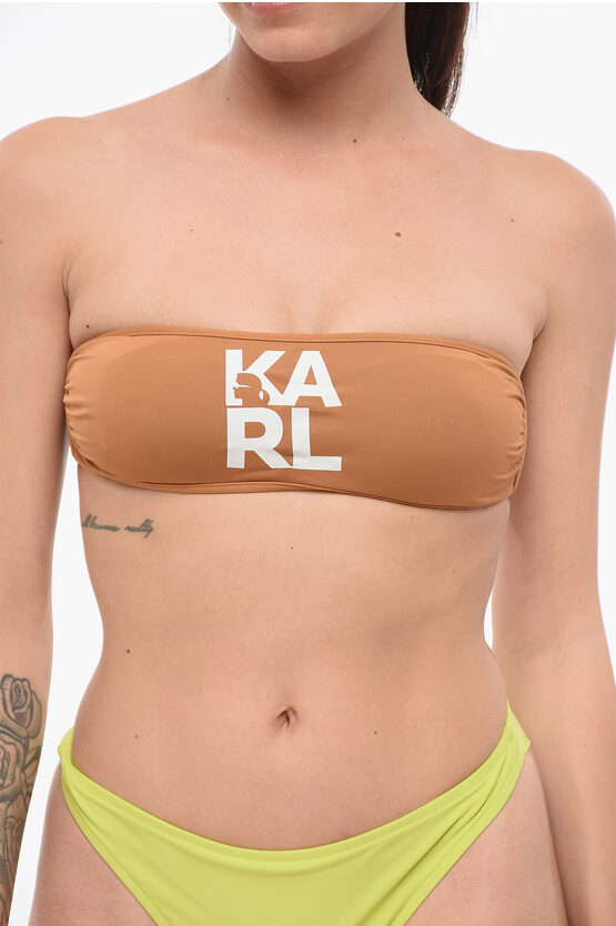 Karl Lagerfeld Solid Color Bandeau Bikini Top With Printed Contrasting Logo