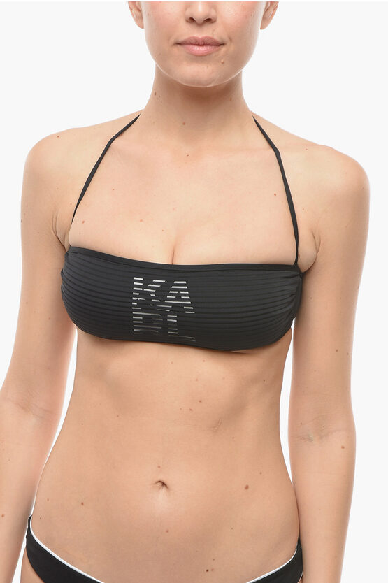 Karl Lagerfeld Solid Color Bandeau Bikini Top With Tone On Tone Striped Det In Black