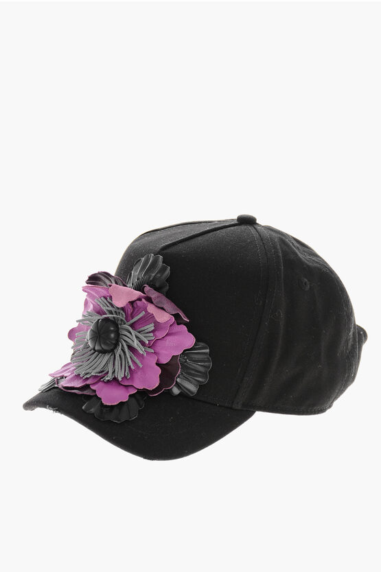 Dsquared2 Solid Color Baseball Cap With Floral Applique In Black