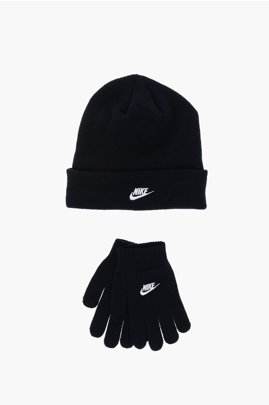 Nike Solid Color Beanie And Gloves Set With Embroidered Logo In Multi