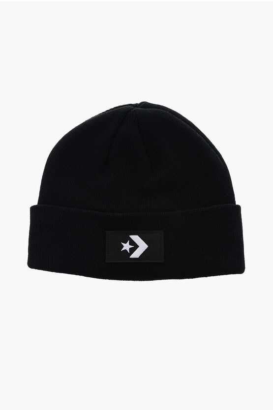 Converse Solid Color Beanie With Contrasting Logo In Black