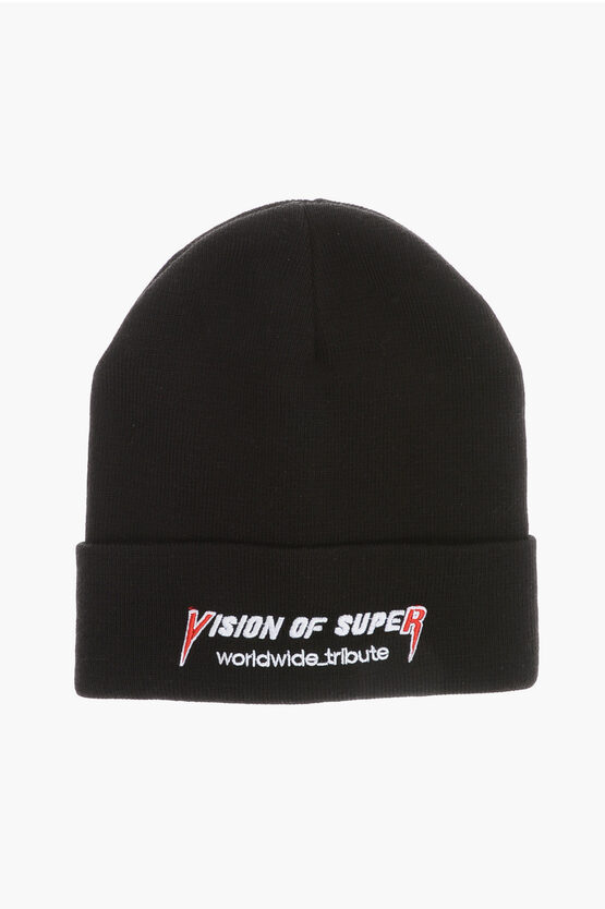 Vision Of Super Solid Color Beanie With Embroidered Logo In Black