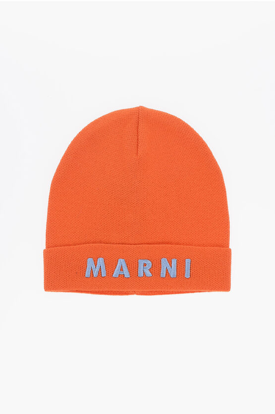 Shop Marni Solid Color Beanie With Embroidered Logo