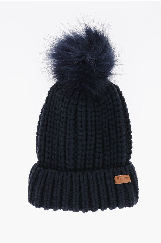 Shop Barbour Solid Color Beanie With Faux Fur Pom Pom