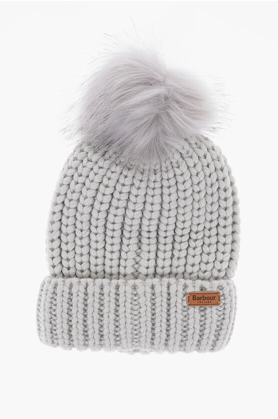 Shop Barbour Solid Color Beanie With Faux Fur Pom Pom