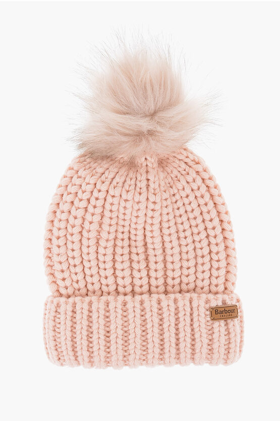 Shop Barbour Solid Color Beanie With Faux Fur Pom Poms