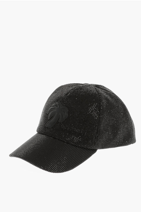 Palm Angels Solid Color Big Palm Cap Embellished With Rhinestones In Black