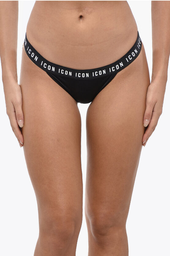 Dsquared2 Solid Color Bikini Bottom With Logoed Band In Black