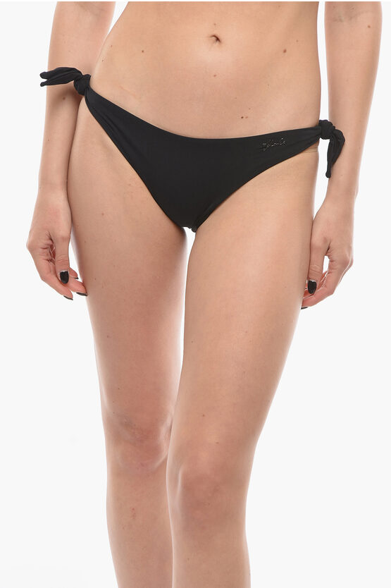 Karl Lagerfeld Solid Color Bikini Bottom With Silver Logo And Knotted Laces In Black