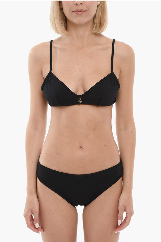 Zadig & Voltaire Solid Color Bikini With Golden Monogram In Black