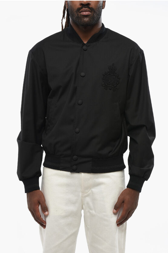 Dolce & Gabbana Solid Color Bomber Jacket With Embroidered Logo In Black