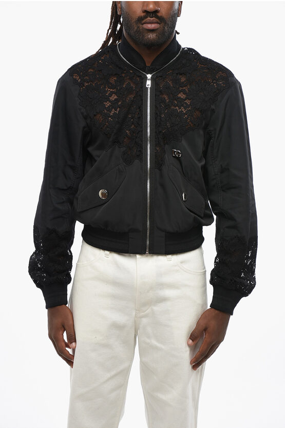 Dolce & Gabbana Solid Color Bomber Jacket With Lace Inserts And Silver-tone In Black
