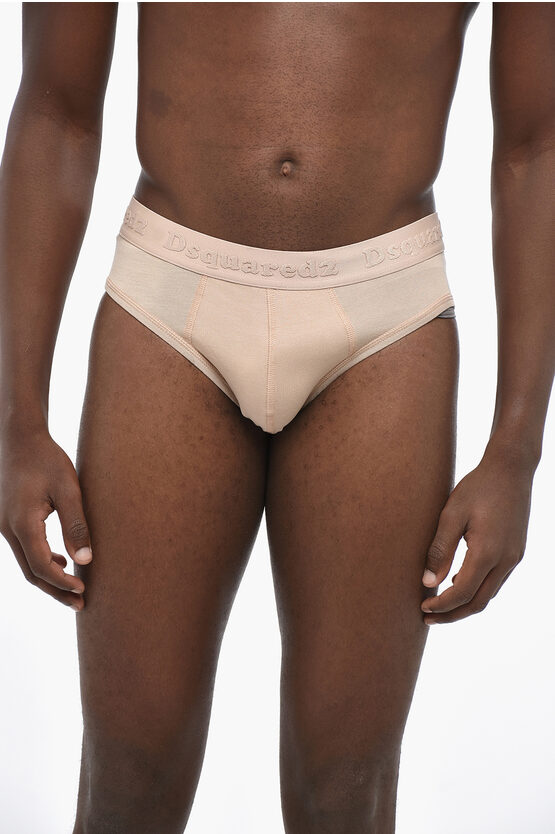 Dsquared2 Solid Color Brief With Logoed Elastic Band In Neutral