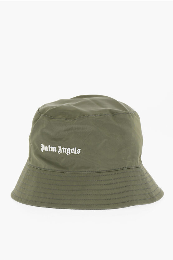 Palm Angels Solid Color Bucket Hat With Embossed Logo In Green
