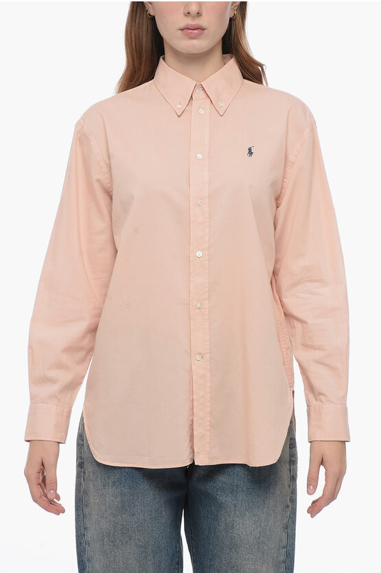 Shop Polo Ralph Lauren Solid Color Button-down Collar Shirt With Embroidered Logo